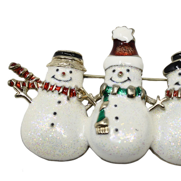 Vintage Holiday Sparkle Enamel Smiling Snowmen Trio Pin Brooch 2.5" - Hey Viv - Picture 2 of 6